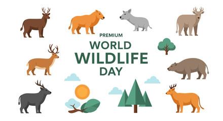 Vector illustration of various animals and nature elements celebrating World Wildlife Day with a design for conservation and ecosystem awareness.