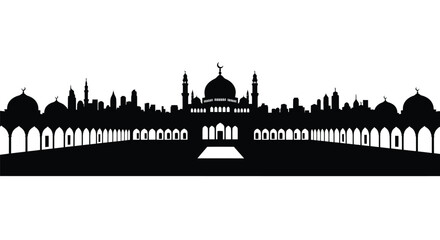 Islamic mosque architecture silhouette with domes and minarets on white background © AnuStock