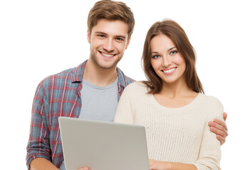 Happy young couple smiling while holding a laptop computer together isolated on a transparent background