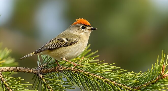 Rufous-Crowned Kinglet on Pine Branch
