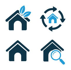 Naklejka premium Four vector icons representing home concepts with eco-friendly and search themes.