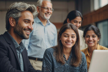 Fototapeta premium A group of people are smiling and looking at a laptop in office. Scene is happy and friendly