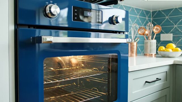 Close-up of blue oven door open in modern kitchen with white countertops, blue tiles, and lemons on counter