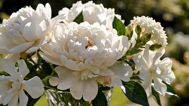 Close-up of white peonies in glass vase on garden table outdoors with blurred greenery background, for decorative or celebratory use