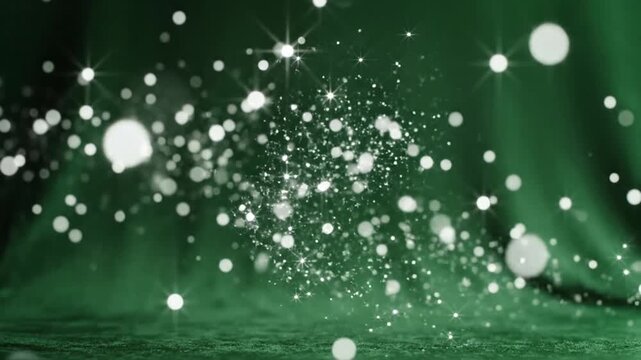 Sparkling white light particles on dark green abstract background