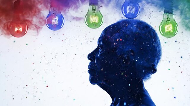 Creative person with colorful ideas exploding from head in studio