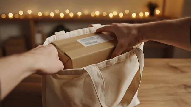 Delivery Of Gift Package Into Tote Bag Scene.