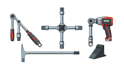 Fototapeta premium Automotive Wheel Changing Tools Set Isolated on White Background.