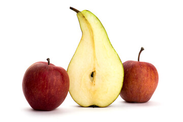 Still life with a ripe pear and apple on a white background