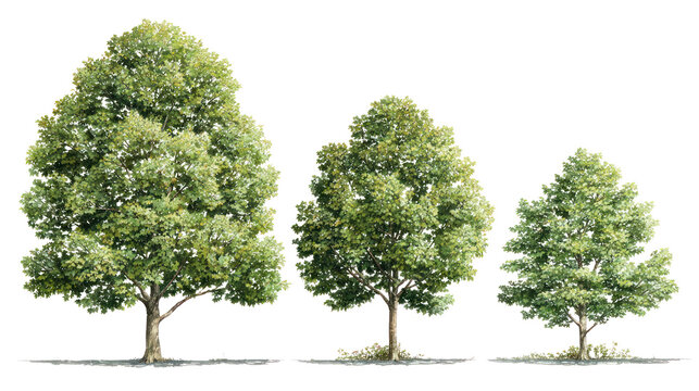 Three trees of different sizes stand on a transparent background