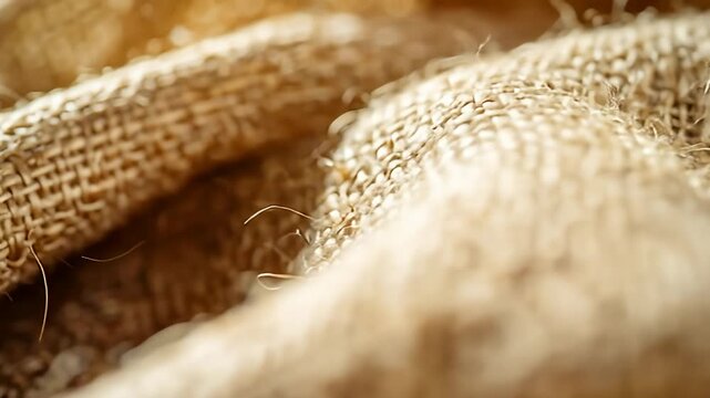Detailed Close-Up of Burlap Fabric Texture and Fibers.