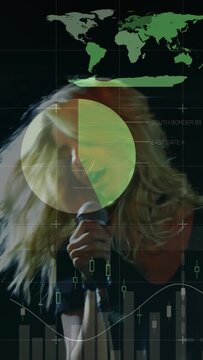 Vertical video: Female lead singer singing into mic, causing music HUDs growing, visualizing data