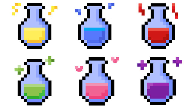 Vibrant pixel art potions collection featuring various colored liquid elixirs with magical effects, ideal for game assets and fantasy digital designs