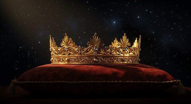 Elegant golden crown resting on luxurious red velvet cushion against starry night sky background