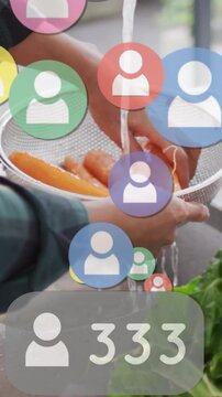 Vertical video: Hands rinsing carrots at tap, making icons float and counter reaching 999 for food