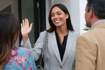 Obraz premium Young hispanic female realtor greeting clients at home entrance
