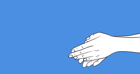 Covid-19 cells disappearing after using hand sanitizer on hands against blue background