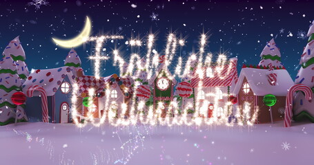 Image of Fr&Atilde;&para;hliche Weihnachten written in shiny letter on snowy city