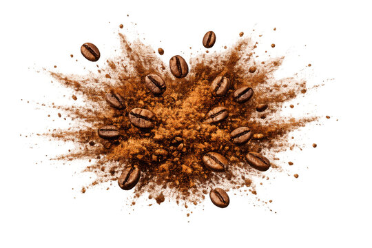 Coffee beans grounds explosion with roasted seeds and fresh aromatic powder bursting out on transparent background