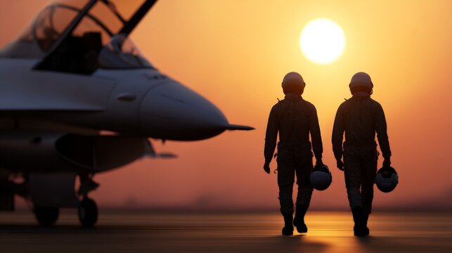 Silhouetted military pilots walking toward fighter jet at sunset