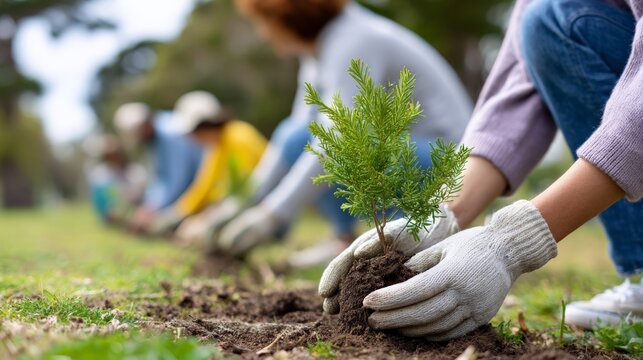 Group planting trees outdoors: hands-on environmental conservation activity