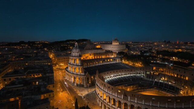 Ancient Roman Colosseum at Night with City Lights and Dark Blue Sky in Rome, Italy, under Construction or Event