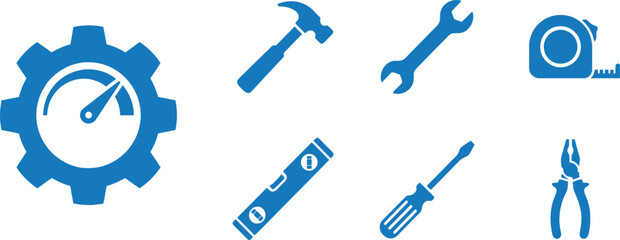 Blue Tool Icon Set for Construction, Home Repair, Engineering, DIY Projects, Technical Service, Maintenance Work, Carpentry, and Professional Hardware Equipment