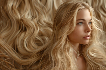 Young Blonde Woman with Luxurious Wavy Golden Hair. Super Long Hair. Hair Care, Shampoo concept.