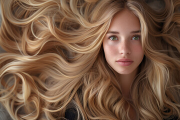 Young Blonde Woman with Luxurious Wavy Golden Hair. Super Long Hair. Hair Care, Shampoo concept.
