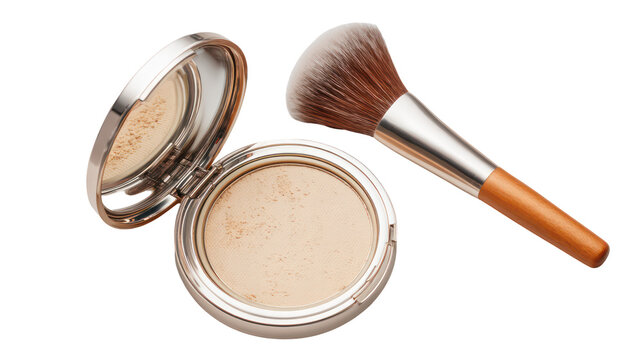 A makeup brush and open compact powder on transparent background