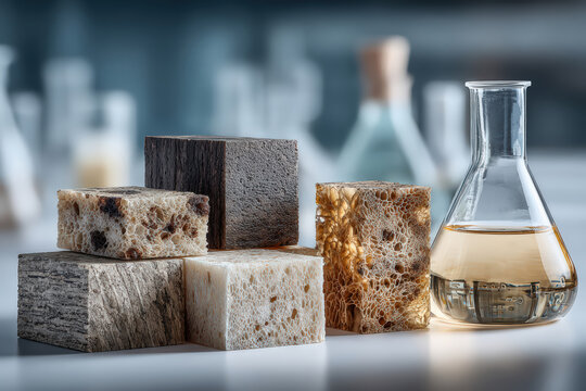 Mycelium based packaging and mushroom leather material samples showing innovative bio materials, sustainable alternative materials research, biomaterial innovation and green technology development.