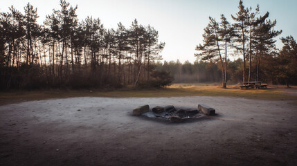 キャンプサイト撤収後に残る焚火跡の静かな風景