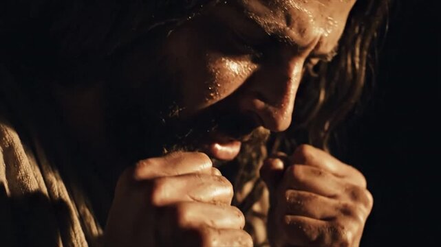 Cinematic Christian video footage of Jesus Christ praying in intense emotional closeup, symbolizing faith, suffering, devotion, and spiritual struggle in a dramatic biblical scene.
