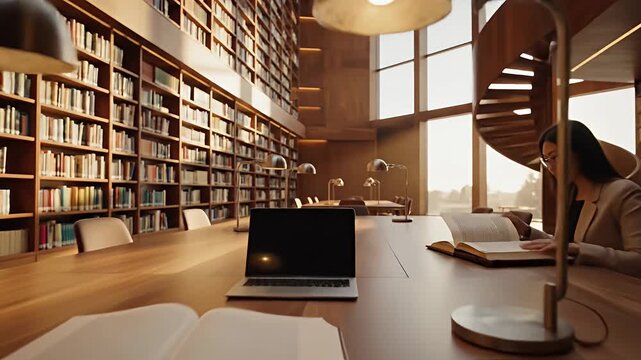 Woman studying at large table in modern library with spiral staircase