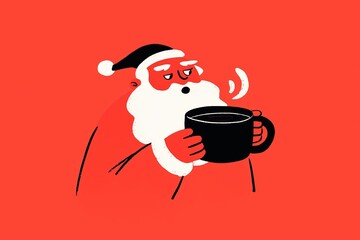 Modern Santa Claus Character Drinking Coffee on Red Background