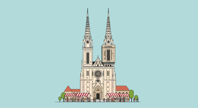 Stylized vector illustration of Zagreb Cathedral, a famous landmark in Croatia