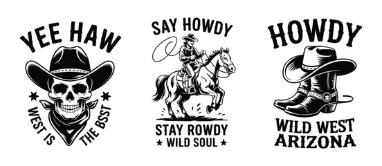 Obraz premium Western Style Vintage Vector Set with Cowboy Skull, Rodeo Rider and Cowboy Boots, Retro Wild West Illustration for T Shirt Design and Posters