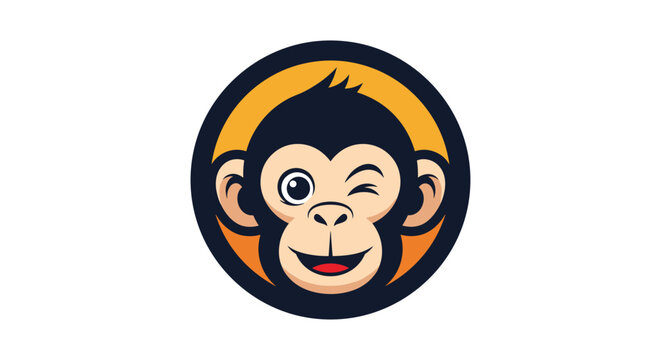 Round logo design featuring a winking monkey face with an orange background, modern and playful animal character icon for branding.