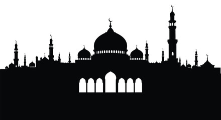 Mosque Silhouette with Domes and Minarets against White Background © Tanjina Stock