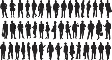 Business people silhouettes, standing office workers, male and female figures, vector icons collection for corporate, professional, or commercial use