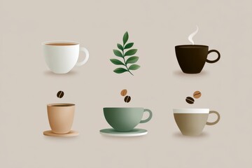 Obraz premium Minimalist flat illustration of coffee icon set, cup, bean and leaf arranged harmoniously on neutral background