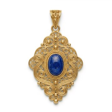 Assyrian style golden pendant with lapis lazuli isolated on white background