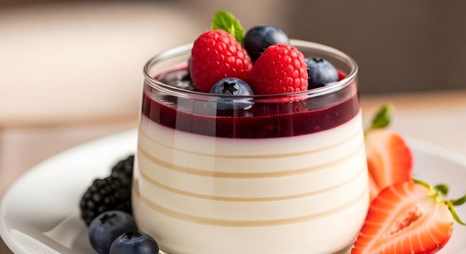 A layered dessert with fruit topping on a white plate viewed from the side on a wooden table