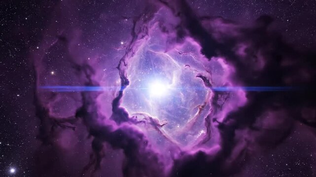 Vibrant purple nebula with glowing star in deep cosmic space