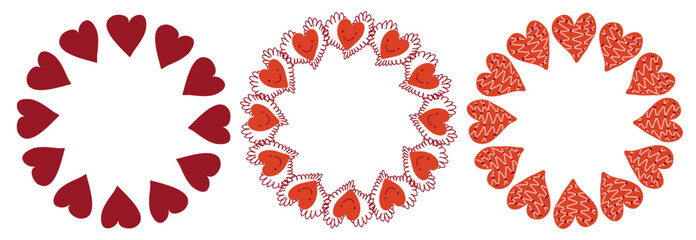 Obraz premium Festive vector set of circular Valentine's day hearts wreaths. Decorative romantic circle frames for Valentines day cards, wedding invitations.