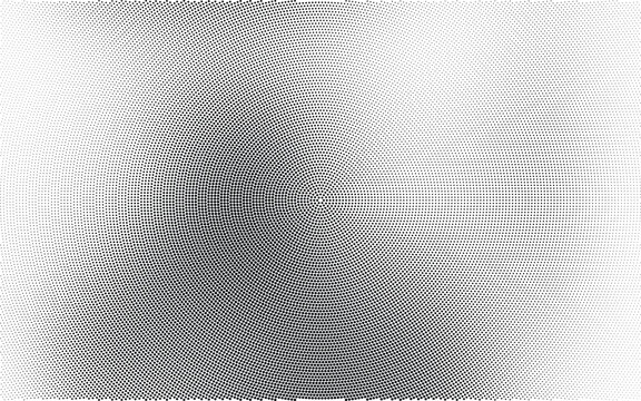Abstract black and white radial halftone dot pattern with a spherical gradient texture effect