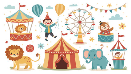 Fototapeta premium Colorful circus scene with animals rides and attractions for kids' parties and events