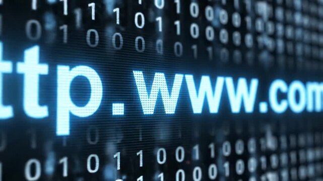 HTTP WWW COM text with binary code on digital screen
