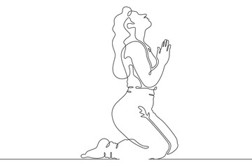 Obraz premium Continuous single line drawing woman praying. Beautiful woman praying on her knees. Faith. Religion. Linear.One continuous line isolated minimalist illustration. Not AI.