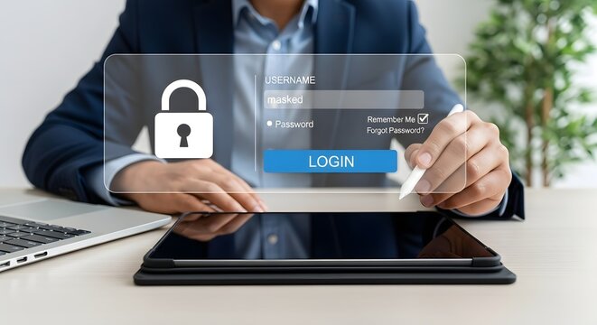 A person using a tablet to input login credentials on a secure digital interface